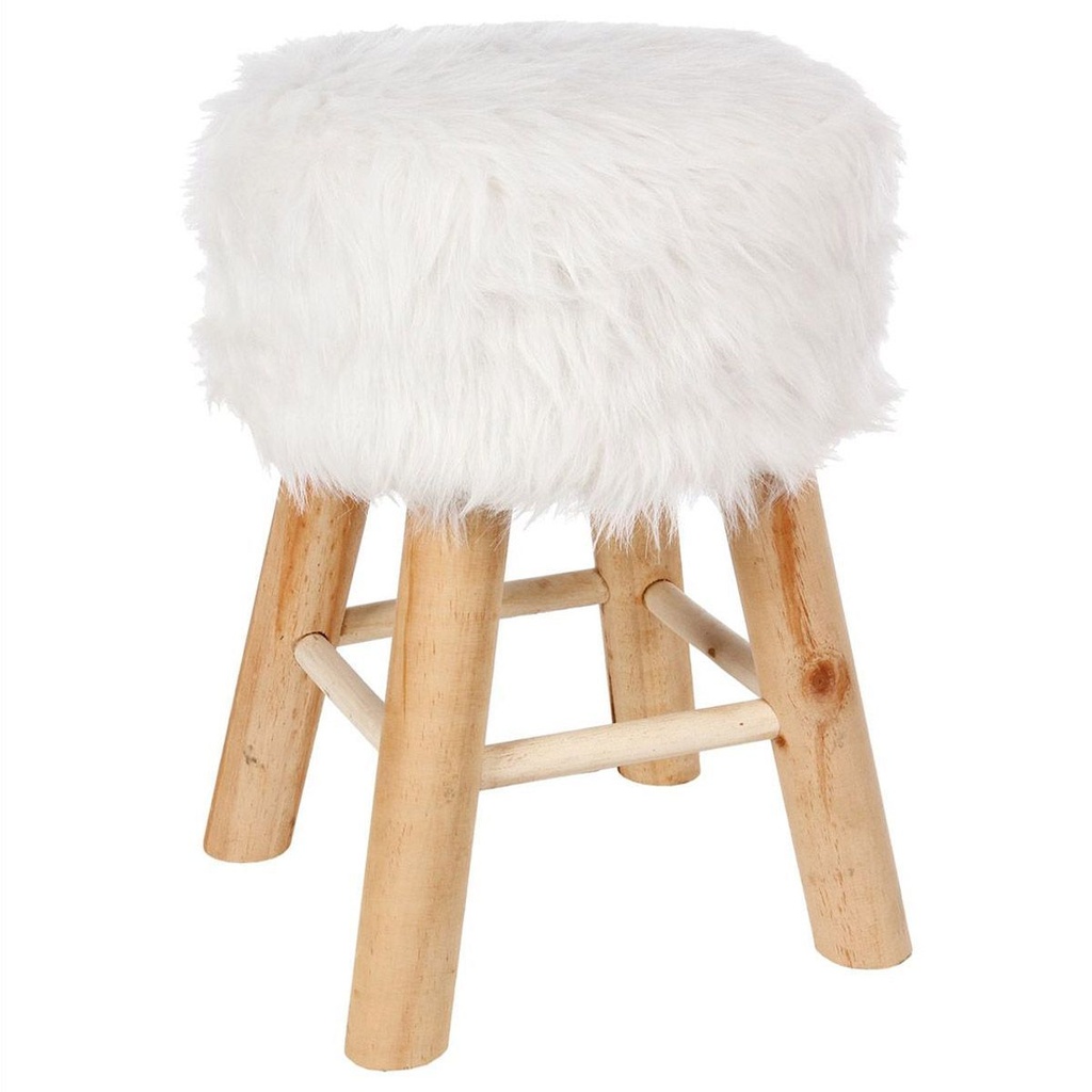 Tabouret en bois et fourrure blanche