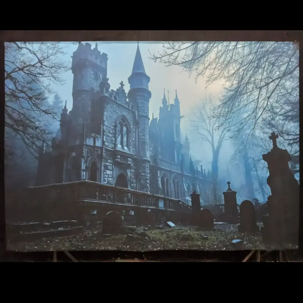 Fond photo château devant cimetière - 240cm